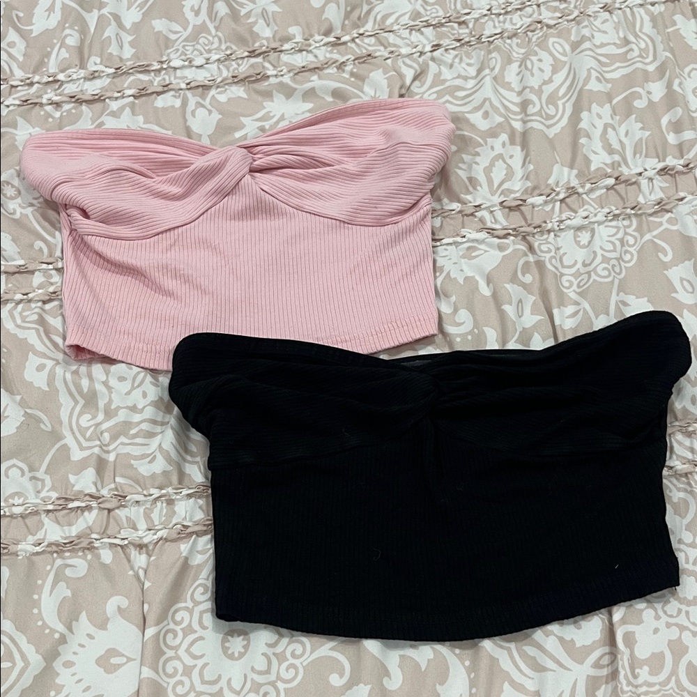 SHEIN Pink and Black Ribbed Crop Tops